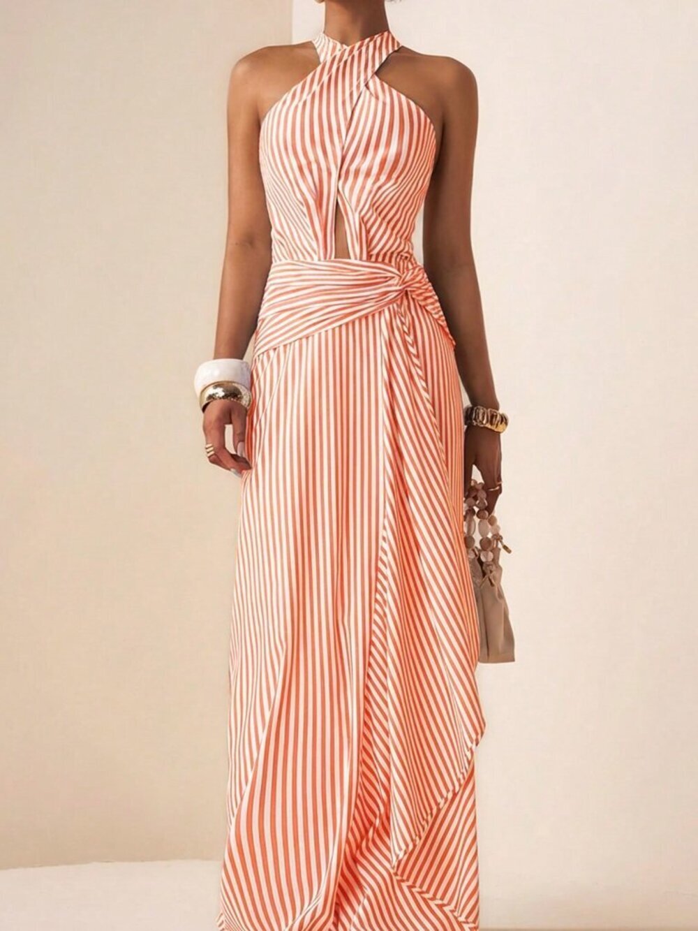 Orange Sexy Women's Striped Maxi Dress with Halter Neck and Waist Tie - Picture 4 of 7